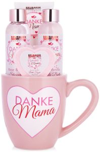 BRUBAKER Cosmetics "Danke Mama" 5-dielna sada do kúpeľa a sprchy ku Dňu matiek - vôňa ružovej vanilky - darčeková sada v hrnčeku so srdiečkovou deko