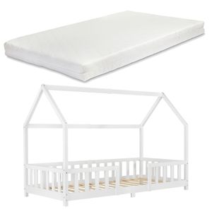 Kinderbett ’Sisimiut’ in Haus-Optik mit Matratze und Rausfallschutz Kiefernholz 90 x 200 cm Weiß