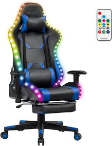 COSTWAY 360°drehbarer Gaming Stuhl mit 358 Lichtmodi, PC Stuhl mit Verstellbarer Armlehne, Rückenlehne und Fußstütze, Racingstuhl inkl. Fernbedienung, Kopf- und Lendenwirbelkissen Blau