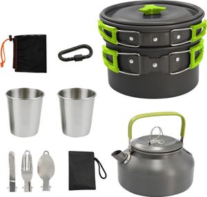 Camping Kochgeschirr Set für 1-2 Personen Campinggeschirre mit Tragbar Aluminium Topf Outdoor Kochgeschirr für Camping Outdoor Picknick Wandern， Grün