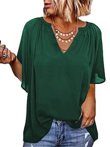 ASKSA Damen Elegant Hemd Rüsche Casual Shirt V-Ausschnitt Lose Tunika 3/4 Glockenärmel Einfarbig Bluse, Grün, XXL