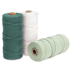 Navaris Makramee Garn 3er Set - Baumwollschnur für DIY Projekte Wandteppich Traumfänger - Baumwolle Baumwollkordel - weiß dunkelgrün hellgrün