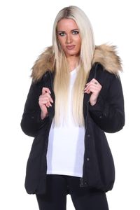 Damen Winterjacke Fellimitat Langarm Jacke Outerwear, Schwarz 38