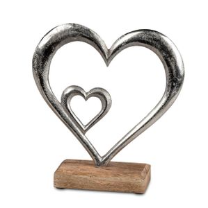 Dekoobjekt Herz in Herz auf Fuß H. 19cm silber natur Alu + Mango Holz Formano