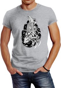 Herren T-Shirt Koi Fisch Japan Japenese Slim Fit Baumwolle Neverless® grau S
