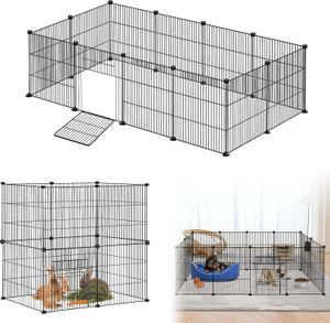 ACXIN Freigehege Kaninchen, Freigehege Gittergehege für Kaninchen aus Metallgitter inkl. Tür, DIY Kleintierkäfig für Kaninchen, Meerschweinchen, Welpen, 142 x 72 x 36cm, Schwarz
