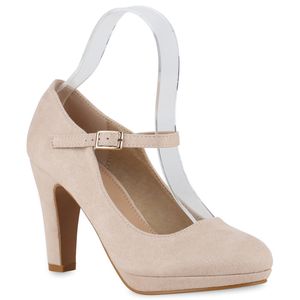 Mytrendshoe Damen Pumps Mary Janes Riemchenpumps High Heels 824341, Farbe: Beige, Größe: 38