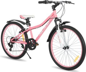 HILAND Climber 24 Zoll Kinderfahrrad Mountainbike mit Federgabel 7 Gang Shimano V-Bremse, Kinder MTB Jugend Mädchen, Rosa