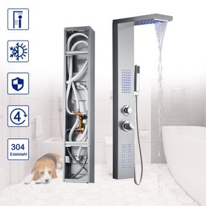 LZQ Edelstahl Duschpaneel Duscharmatur 4 in 1 Duschsystem Regendusche Duschset mit Massagedusche und Duschgarnitur Handbrause, Sliber mit LED