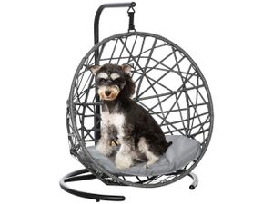 PawHut Rattan Hundehütte mit Kissen Hundehaus Haustierbett Katzenhaus Katzenkorb Katzenhöhle Hängesessel Hängematte für Hunde Katzen Outdoor Grau+Schwarz 60 x 53 x 76 cm