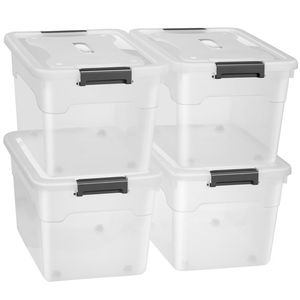 Juskys Aufbewahrungsbox mit Deckel - 4er Set Kunststoff Boxen 45l - Box groß, stapelbar, transparent - Aufbewahrung Ordnungssystem Aufbewahrungsboxen