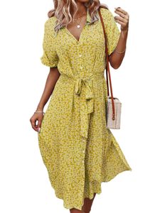 Damen Sommerkleider Kurzarm Midikleid Baumwolle Kleider Floral Print Strandkleid Gelb,Größe XL
