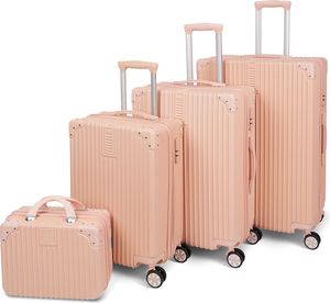Mulisoft Gepäcksets 4 Teilig Kofferset mit Beautycase ABS Koffer Trolleys Hartschalenkoffer Reisekoffer mit 4 Rollen, Kofferset-XL-L-M-Kosmetikkoffer, Rosa