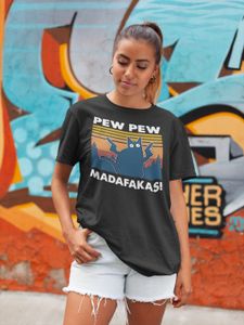 Oversize Bio T-Shirt Damen New PEW PEW MADAFAKAS Funny Katzen Sommer Retro Cat Rundhals Women Shirt