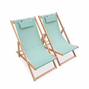 Holzliegestühle - Creus - 2 Liegestühle aus geöltemEukalyptus mit graugrünem Kopfstützenkissen