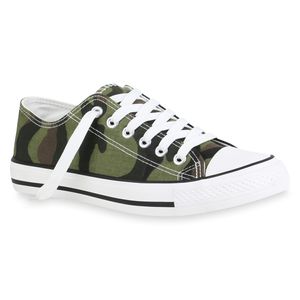 Mytrendshoe Damen Sneaker Low Stoffschuhe Basic Schnürer Schuhe Turnschuhe 820785, Farbe: Camouflage, Größe: 36