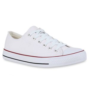 Mytrendshoe Herren Sneakers Sportschuhe Stoffschuhe Schnürer 94238, Farbe: Weiß Rotstreifen Lucky, Größe: 36