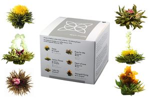 Feelino Edle 6er-Mischbox -Teeblumen Feelino White in toller Probier- und Geschenkbox mit 6 verschiedenen Weißtee-Teerosen, einzeln vakuumverpackt, 1er Pack