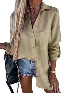 Damen Blusen Button Down Bluse Casual Tunika Hemd mit Tasche Langarm Elegant Shirt Farbe:Khaki,Größe 2xl