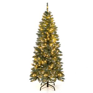 COSTWAY 150 cm vianočný stromček s osvetlením, LED diódy v teplej bielej farbe, umelá jedľa s kovovým stojanom, úzky vianočný stromček pokrytý snehom, umelý vianočný stromček, zelený + modrý