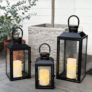 3er Gartenlaternen Laternen Metall Windlicht Schwarz H24/33/41cm
