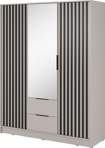 Schlafzimmerschrank mit Spiegel 155 x 200 x 51 cm JOHN 3D (Kaschmir), 3 drehbare Türen und 2 Schubladen, Latten aus Holz, Industrieller Stil, Stauraum (Spannstange) mit Regalen