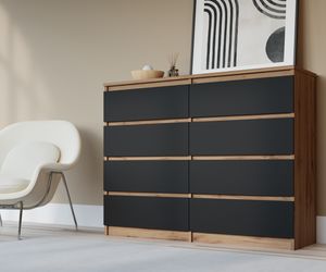 Komodenschrank mit 8 Schubladen, Farbe: Wotan Eiche & Schwarz, A: 120 x 101 x 39 cm, Schubladenkommode, Kommode mit Schubladen, Sideboard Wohnzimmer, Schlafzimmer Kommode, Kommode Schwarz, Kommode Flur, Highboard