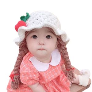 Baby Mädchen geflochtene Perücke Wollgarn Strickmütze Sonnenblume Kirsche Mütze Foto Requisite-weiße Kirsche