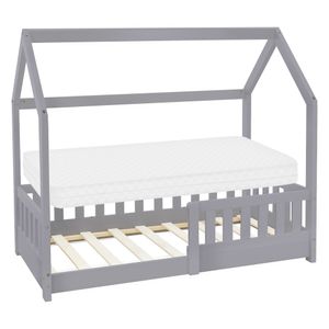 ML-Design Kinderbett mit Rausfallschutz, Dach und Lattenrost, 70x140 cm, Hellgrau, mit Matratze
