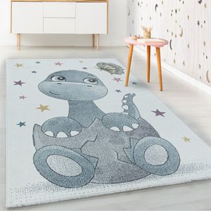 Kurzflor Kinderteppich Blau Dino Baby Saurier Design Kinderzimmer Teppich Weich, Farbe:Blau, Grösse:160x230 cm