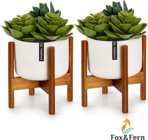 Fox & Fern 2er-Set Pflanzenständer mit Blumentopf, Stylischer Blumenständer aus Holz, Stabiler Plant Stand, Pflanzenständer aus Nachhaltigem Holz, Blumentopf Bambus-Ständer, Blumenständer Modern