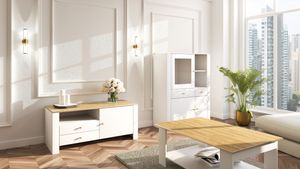 3er-Set für Wohnzimmer Esszimmer Vitrine 100cm TV-Lowboard 120cm Couchtisch 110cm WEIß EICHE HICKORY GOLD mit goldenen Griffen - AGAWA
