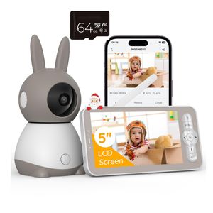 2K Babyphone mit Kamera PTZ 355° mit 64G Karte, 5“ Baby Monitor Auto-tracking, Weinen-|Geräuscherkennung, Temperatur- und Feuchtigkeitsmessung