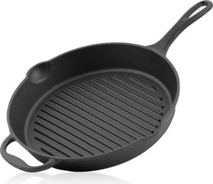 BBQ-Toro Gusseisen Bratpfanne | Ø 34 cm | Mit Griff, Stiel und zwei Ausgießer, gerippt - preseasoned BBQ-Toro Gusseisen Bratpfanne | Ø 34 cm | Mit Griff, Stiel und zwei Ausgießer, gerippt - preseasoned