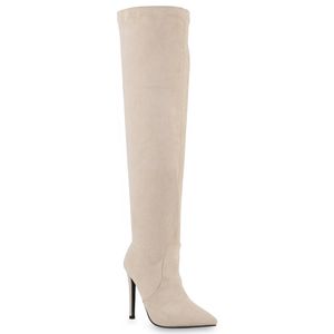 Mytrendshoe Damen Stiefel Overknees Stiletto High Heels Boots Absatzschuhe 832627, Farbe: Beige, Größe: 39
