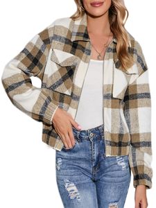 Ladies Revers Shacked Shacket Winter Front Reißverschlüsse Tops Casual Plaid Hemdjacken Jacken,Farbe:Gelb,Größe:Xl