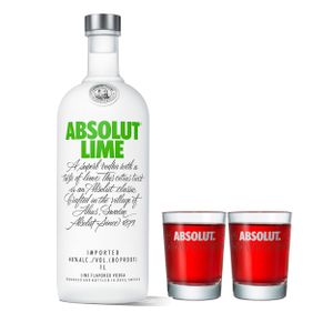 Absolut Vodka Lime Set mit 2 Shot Gläsern, Wodka mit Limettengeschmack, Schnaps, Spirituose, Alkohol, Flasche, 40 %, 1 L