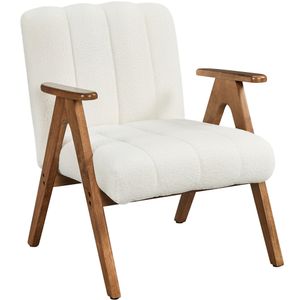 Yaheetech Ohrensessel Loungesessel aus Boucle-Gewebe, Fernsehsessel mit Armlehnen & Holzbeinen, Weiß