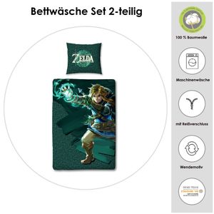 Zelda Bettwäsche Set "Tears of the Kingdom" mit Link Motiv · Deutsche Größe 135x200 80x80 cm · Linon aus 100% Baumwolle mit Reißverschluss