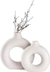 Donut Keramik Vase Satz von 2 für Moderne Home Decor, Runde Matte Vasen für Pampasgras, Neutral Boho Nordic Minimalismus Stil B(13+18CM)