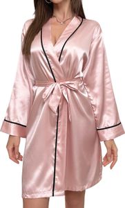 Damen Sommer Nachthemd Langarm Schnürung Enge Taille V-Ausschnitt Nachthemd Lose Satin Einfarbig Homewear Schlafkleid Nachtwäsche
