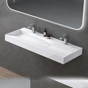 doporro Waschbecken Aufsatzwaschbecken Mineralguss Hängewaschbecken Waschtisch weiß 120x46x11cm mit 2 Armaturloch inkl. Ablaufgarnitur Colossum19