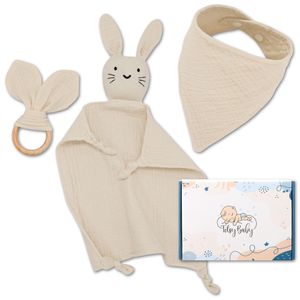 Geschenk zur Geburt - Babygeschenke SET Schnuffeltuch, Lätzchen, Beißring Baby Neugeborenen Geschenk für Mädchen und Junge Beige