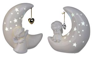 2er Set LED Dekofiguren Engel auf Mond H. 15,5cm weiß aus Porzellan Formano W22
