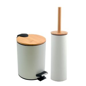 spirella Badezimmer Set, 2-teilige Abfalleimer Kosmetikeimer mit Absenkautomatik und WC Bürste “Adonis“ Bambus mit Silikon Bürste Weiß