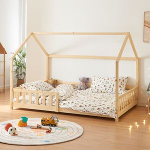 Hausbett ‘Hesel’ für Kinder mit Rausfallschutz Lattenrost 140 x 200 cm Holzoptik