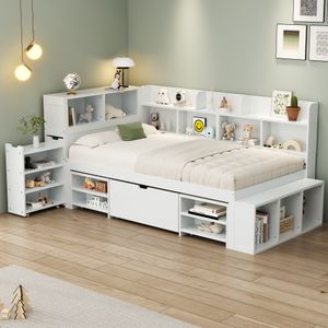 Flieks Holzbett Klassisches Bett Stauraumbett 90x200cm mit Ausziehbarem Schrank, Einzelbett Jugendbett mit Staufach, Kinderbett mit Lattenrost, Weiß