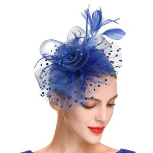 Perlen Dekor Dot Print Metall Clip Fascinator Hut Mesh Blume Feder Dekor Party Kopfbedeckung Haarschmuck-Königsblau