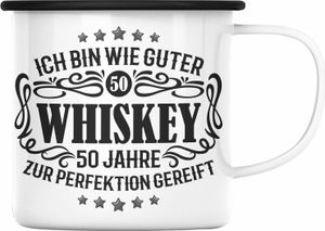 Trendation - 50. Geburtstag Männer Emaille Tasse Geschenk Geschenkidee 50er Geburtstag Spruch Perfektion Vater Papa Lustiger Spruch Witzig Trinker (Schwarz)
