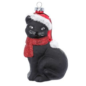 Christbaumschmuck Glas Katze mit Weihnachtsmütze 10cm schwarz / rot